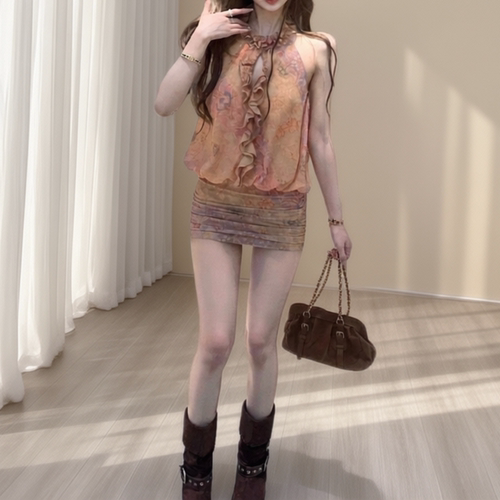 塞纳花园 木耳边挂脖碎花连衣裙女收腰显瘦包臀短裙夏季气质洋气 - 图3