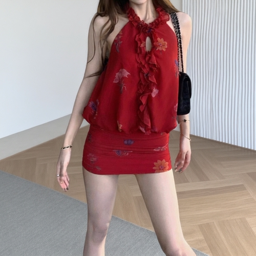 塞纳花园 木耳边挂脖碎花连衣裙女收腰显瘦包臀短裙夏季气质洋气 - 图1