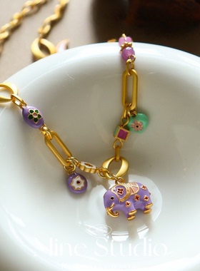 Mine Studio·新款紫定行滴釉小象吊坠项链甜美锁骨链手链新中式