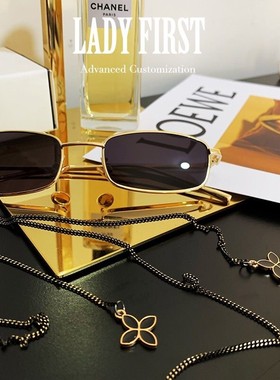 韩版复古方形黑色太阳镜挂链时尚墨镜女网红眼镜链条女太阳眼镜潮