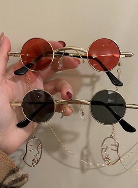 国潮中国风圆框眼镜婚纱摄道具个性嘻哈拍照红色迷你墨镜带链条