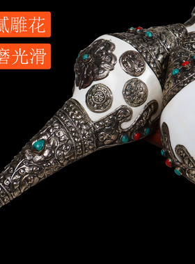 尼泊尔天然手工包铜雕花海螺左旋右旋纯铜海螺家居装饰摆件可吹响