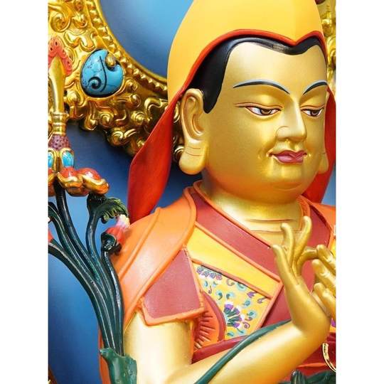尼泊尔工艺彩绘热灼色宗喀巴大师带背光纯铜手工錾刻佛像铜雕摆件