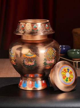 红铜本色宝瓶印花彩绘八吉祥铜宝瓶家居装饰供佛摆件八宝六字空瓶