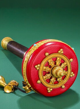 西藏纯铜手摇转金轮民族用品手动转金筒红皮革家用转动桶摆件