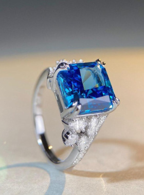 超闪显白培育高碳钻S925纯银深海蓝宝戒指女满钻豪镶原创设计戒指