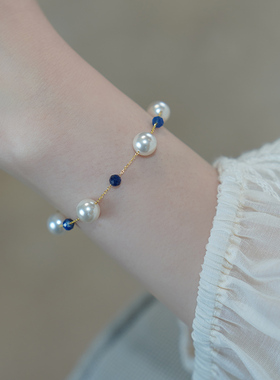 如帆法式复古珍珠蓝晶石手链925纯银小众轻奢高级感手串手环60326