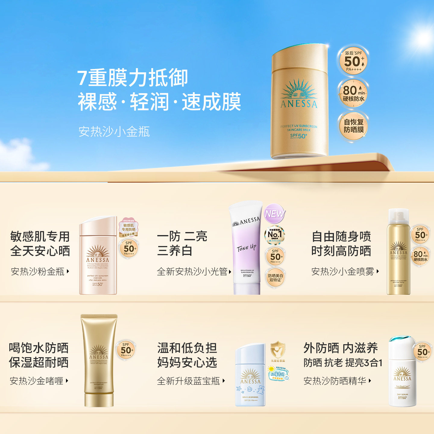 【现货立享】安热沙温和耐晒粉金瓶防晒乳清爽户外敏感肌男女面部