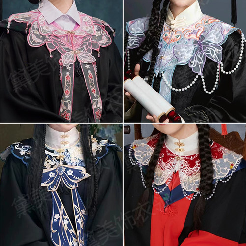 毕业硕学士服云肩新中式搭配衬衣簪花博士帽珍珠流苏刺绣领花披肩 - 图0