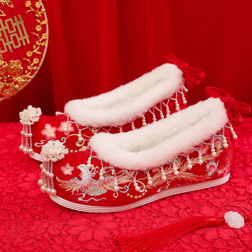 春秋冬季加绒中式秀禾鞋流苏绣花红色新娘结婚鞋增高复古风汉服鞋 - 图2