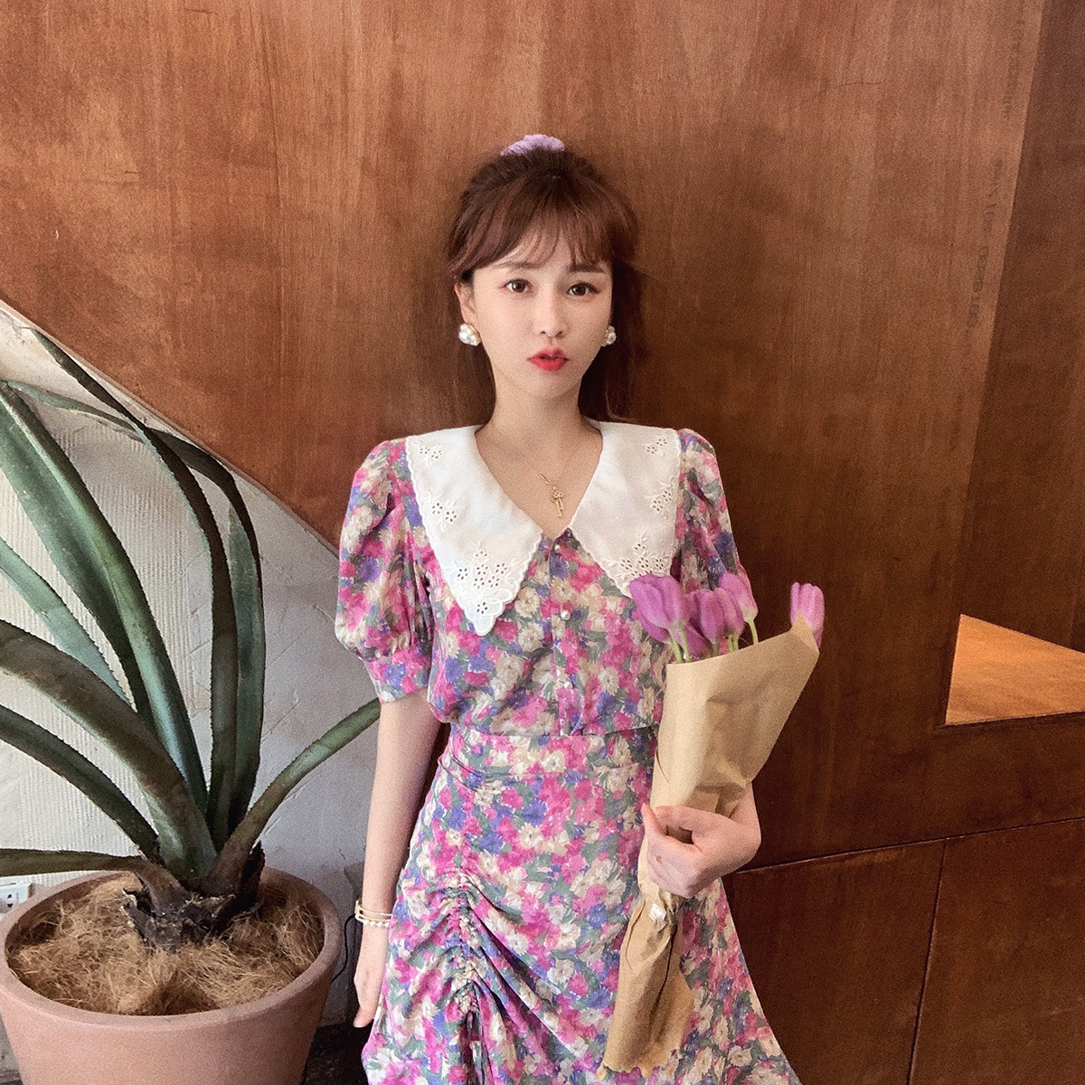 紫色v领碎花雪纺2020新款夏季法式 MIMIUS ULULU连衣裙