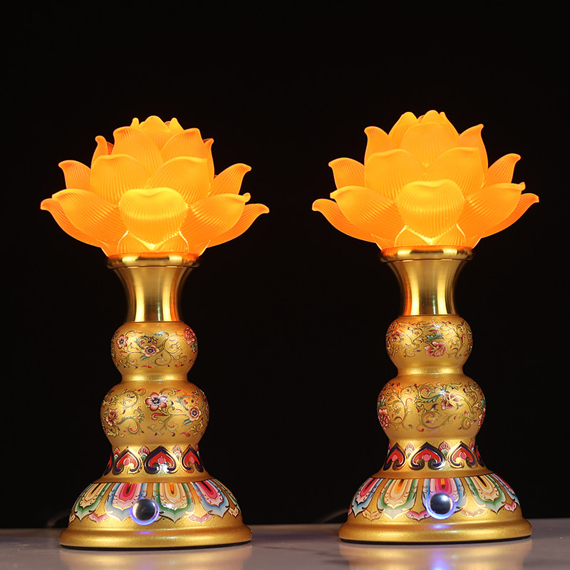 2025可充电莲花灯珐琅彩水晶花仿琉璃佛灯佛前照明灯USB财神一对,淘宝优惠券,粉丝福利购,淘宝优惠卷