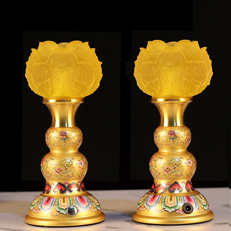2025可充电莲花灯珐琅彩水晶花仿琉璃佛灯佛前照明灯USB财神一对,淘宝优惠券,粉丝福利购,淘宝优惠卷