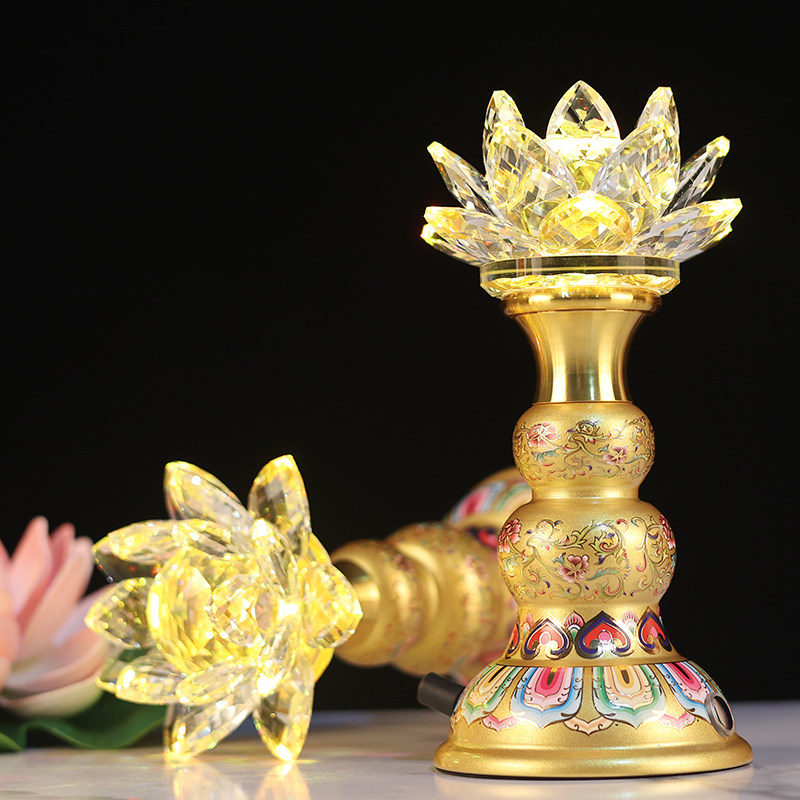 2025可充电莲花灯珐琅彩水晶花仿琉璃佛灯佛前照明灯USB财神一对,淘宝优惠券,粉丝福利购,淘宝优惠卷