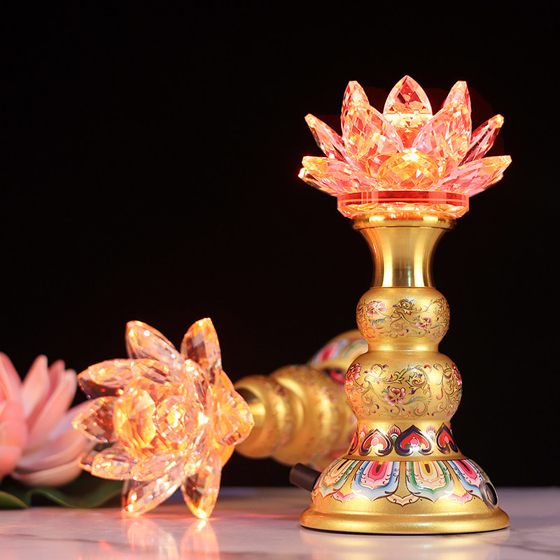 2025可充电莲花灯珐琅彩水晶花仿琉璃佛灯佛前照明灯USB财神一对,淘宝优惠券,粉丝福利购,淘宝优惠卷