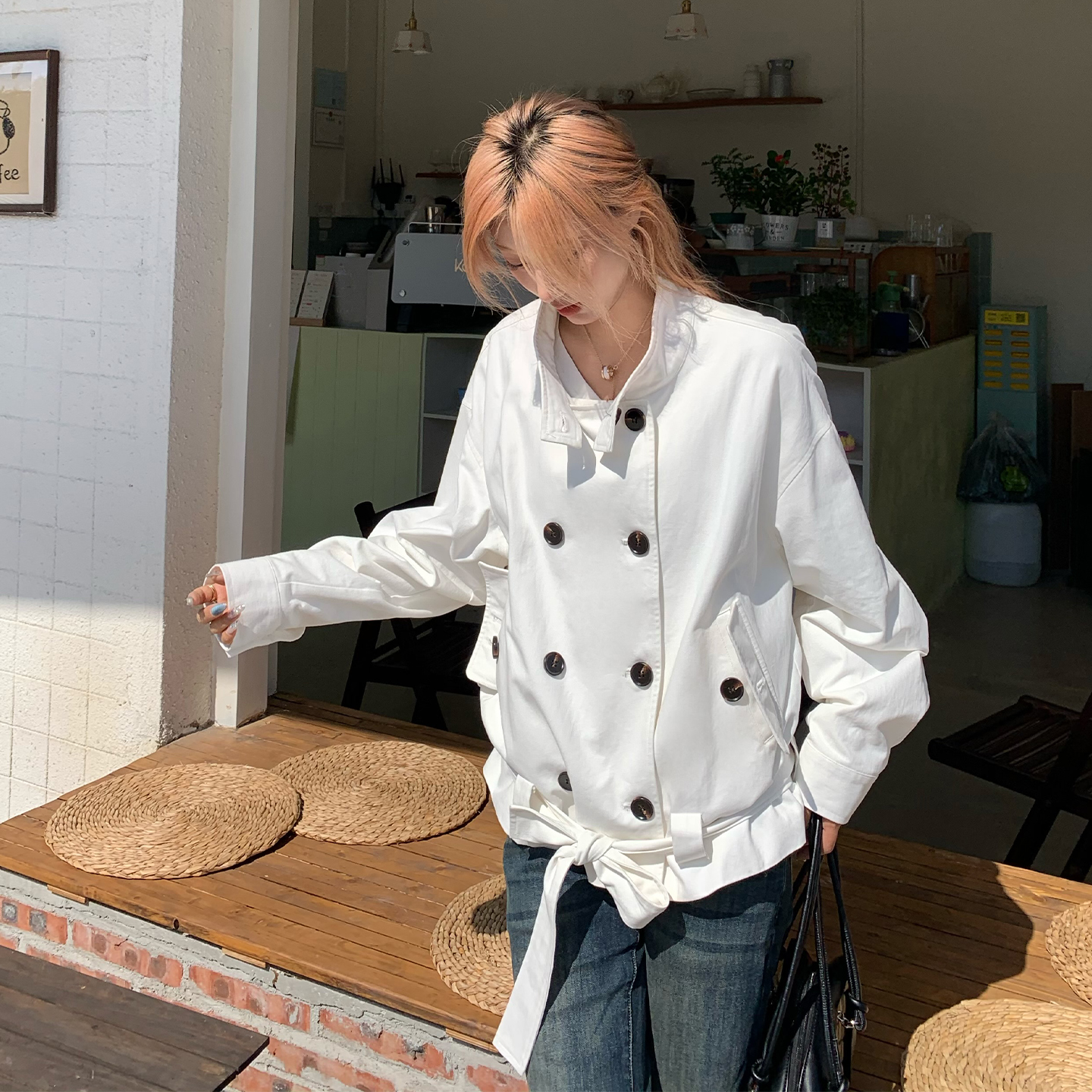 【限时价】饭饭又饿了韩系双排扣立领风衣外套女秋季气质绑带上衣 - 图3