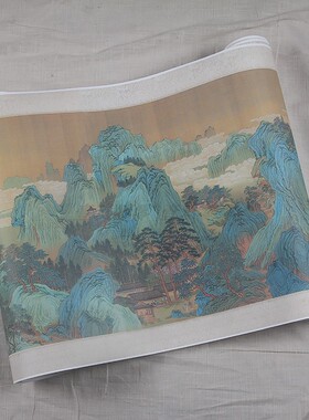 1:1明 传 仇英 青绿山水图卷 仇十洲真迹金碧画复制品53x254cm