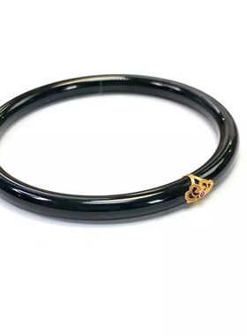 安伯曼和田玉塔青18K金如意镂空镶手镯叮当镯5mm