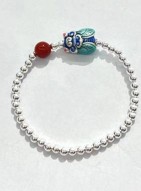 南红一鸣惊人珐琅银手链足