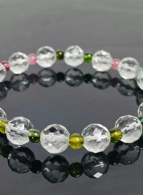 香港安伯曼钻石切面白水晶碧玺手串8mm+