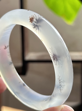 云臻阁天然海洋玉髓玛瑙白冰冰透草花大花手镯内外飘花56口径