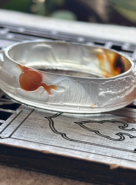 天然马料冰透俏色巧雕玛瑙雕刻手镯意境山水风景镯亭台楼阁立体55