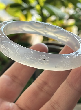 天然海洋玉髓高冰紫玉髓草花纯手工巧雕荷花鲤鱼景观玛瑙手镯58口