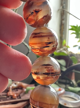 天然巴玉水墨冰红火焰山长城风景山峰古塔景观玛瑙珠子手串手链