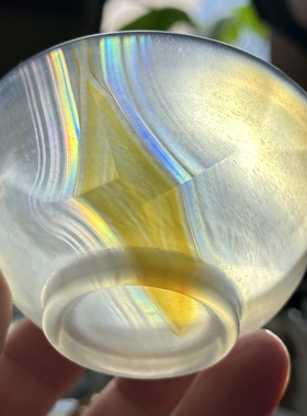 天然高冰马料象形金色天池景冰透七彩极光彩虹光虹膜玛瑙茶杯摆件