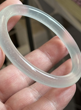 天然高冰种冰飘手镯满圈白雪棉絮意境冰感青蓝质地圆条玛瑙手镯55