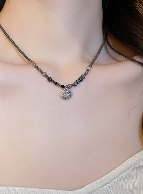 花开富贵圆珠平安锁项链小众设计感气质锁骨链新中式项坠项饰