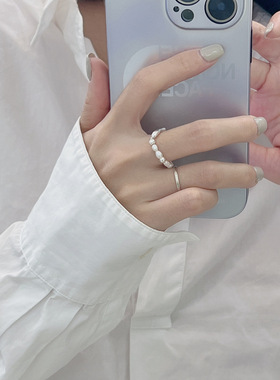 S925纯银不规则液态流线珍珠戒指韩系博主款时髦款指环银饰