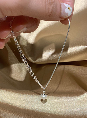 925纯银小众设计拼接链条淡水珍珠手链小清新可爱百搭手饰