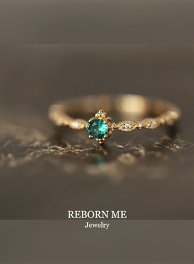 S925纯银镀14K黄金镶嵌祖母绿戒指 时尚轻奢设计风简约唯美戒指女