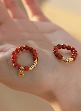 正宗『千万两』南红复古戒指龙年本命年红色戒指新中式弹力绳百搭