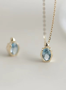 日系轻奢925纯银镀14K金海蓝锆石项链女小众设计香水瓶造型锁骨