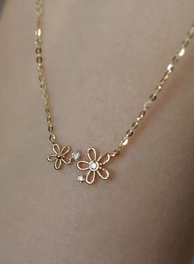 S925纯银镀14K金项链女 两朵小花少女日韩简约气质日常百搭锁骨