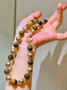 10mm秋冬美拉德风天然精品虎眼石水晶仿珍珠锁骨链项链保真可复检