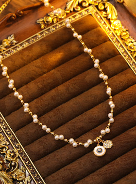 满天星超仙气质珍珠项链贝母吊坠镶蓝锆石八芒星编织珍珠毛衣链