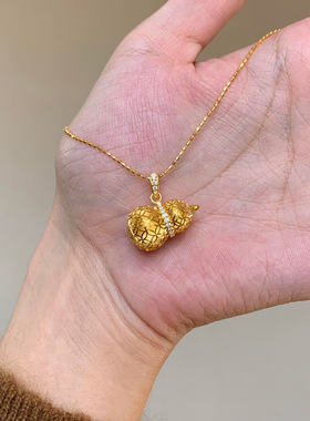 S925纯银黄金圈戗刻葫芦铜钱纹葫芦吊坠项链女国风复古