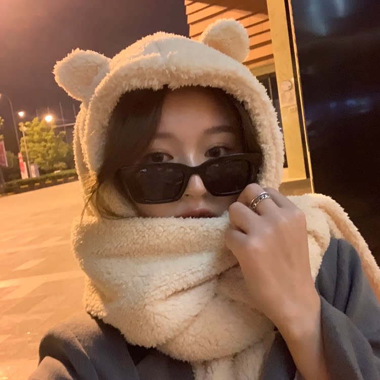 金智妮同款jennie熊耳朵帽子女秋冬可爱学生骑车加厚一体帽子围巾