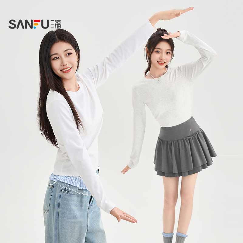 三福长袖T恤2025秋季褶皱弧形下摆圆领休闲上衣女装504216 - 图2