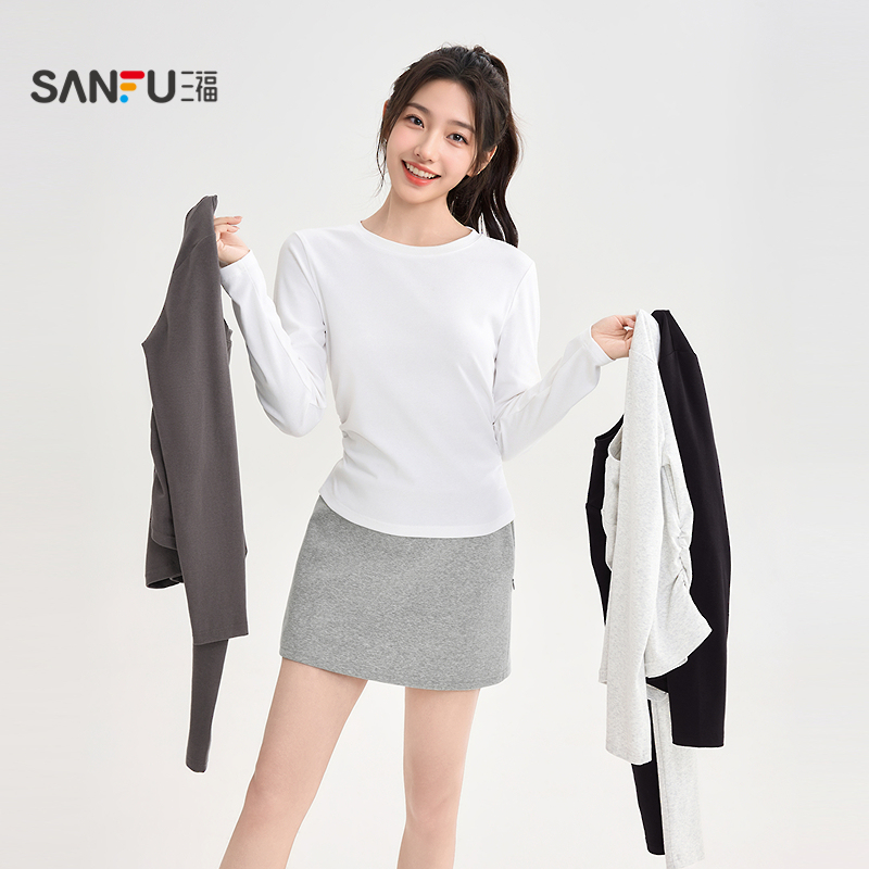 三福长袖T恤2025秋季褶皱弧形下摆圆领休闲上衣女装504216 - 图0