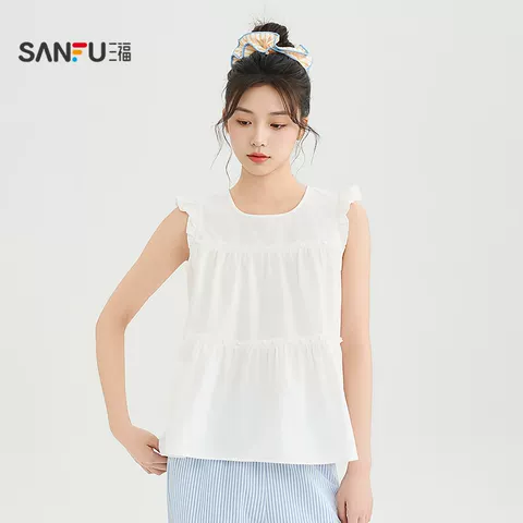 三福短衬衫2026夏季小飞袖圆领短款宽松休闲上衣女装523520523520 图片 2