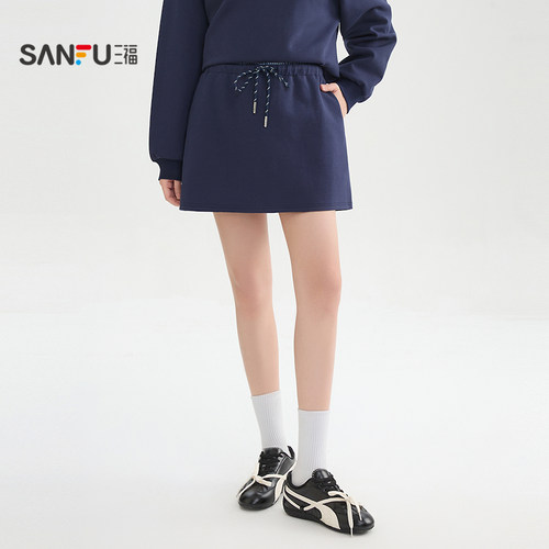 三福短裙2026春季撞色拼接松紧抽绳腰头A字裙子女装516814 - 图2