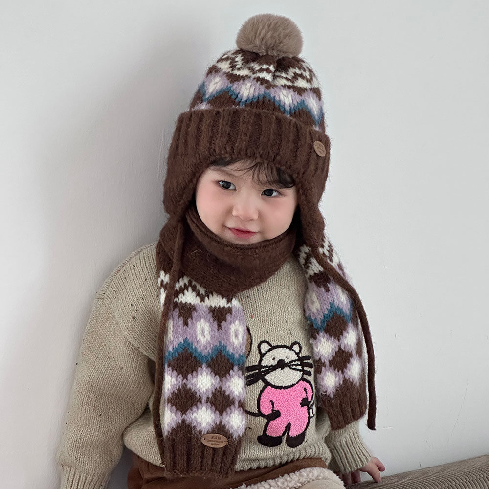 儿童帽子冬季韩版男女童时尚保暖围巾套装针织毛线帽宝宝护耳帽潮,淘宝优惠券,粉丝福利购,淘宝优惠卷