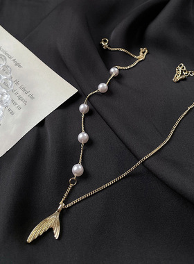 东大门甜美风鱼尾珍珠拼接锁骨链