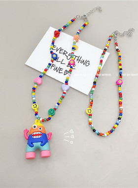 怪兽笑脸树脂项链女彩色串珠毛衣