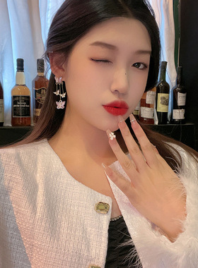 S925银针紫色水晶蝴蝶耳环女轻奢高级感长款流苏显脸瘦耳坠潮耳钉