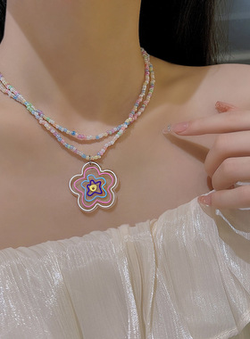 多巴胺花朵彩色串珠项链女双层叠戴甜酷风锁骨链嘻哈爱心轻奢颈链